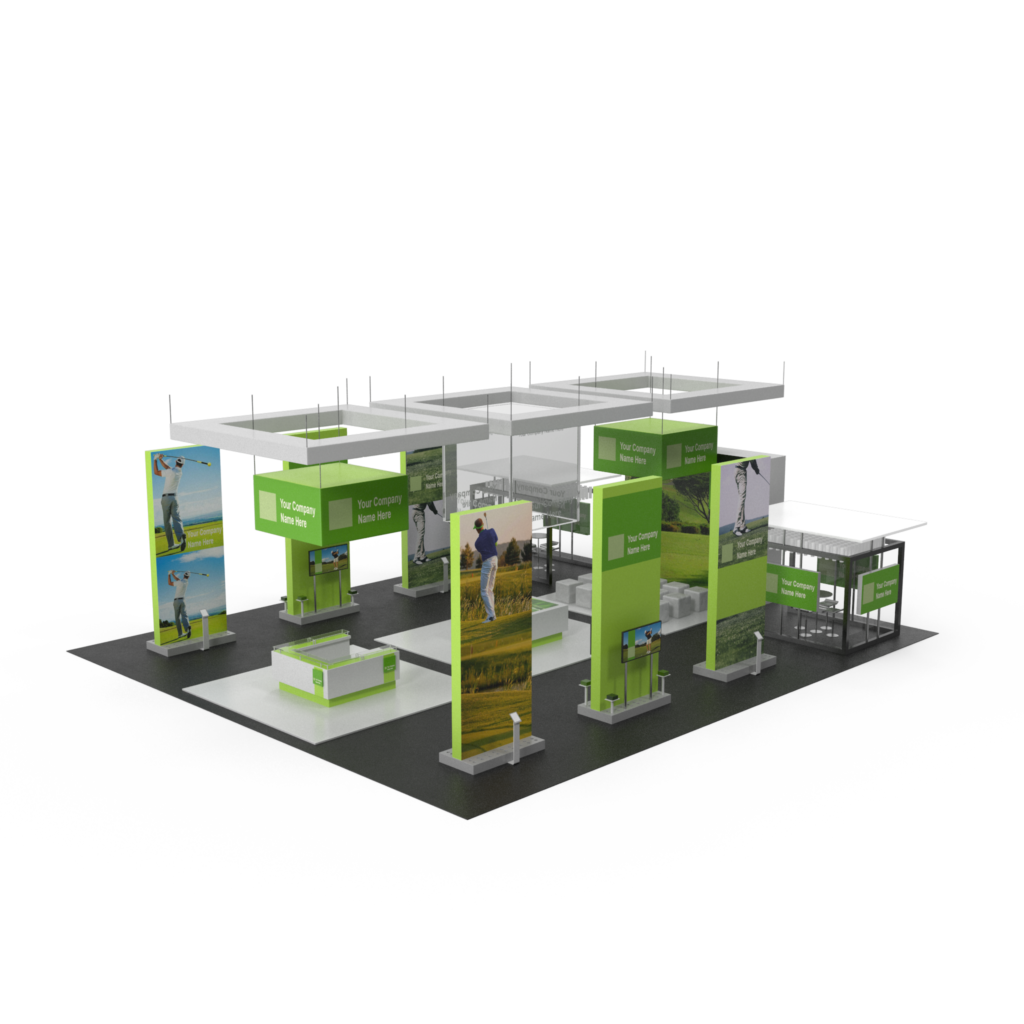 A modular trade show booth with customizable panels, LED lighting, and branded graphics, designed for a professional event setup.