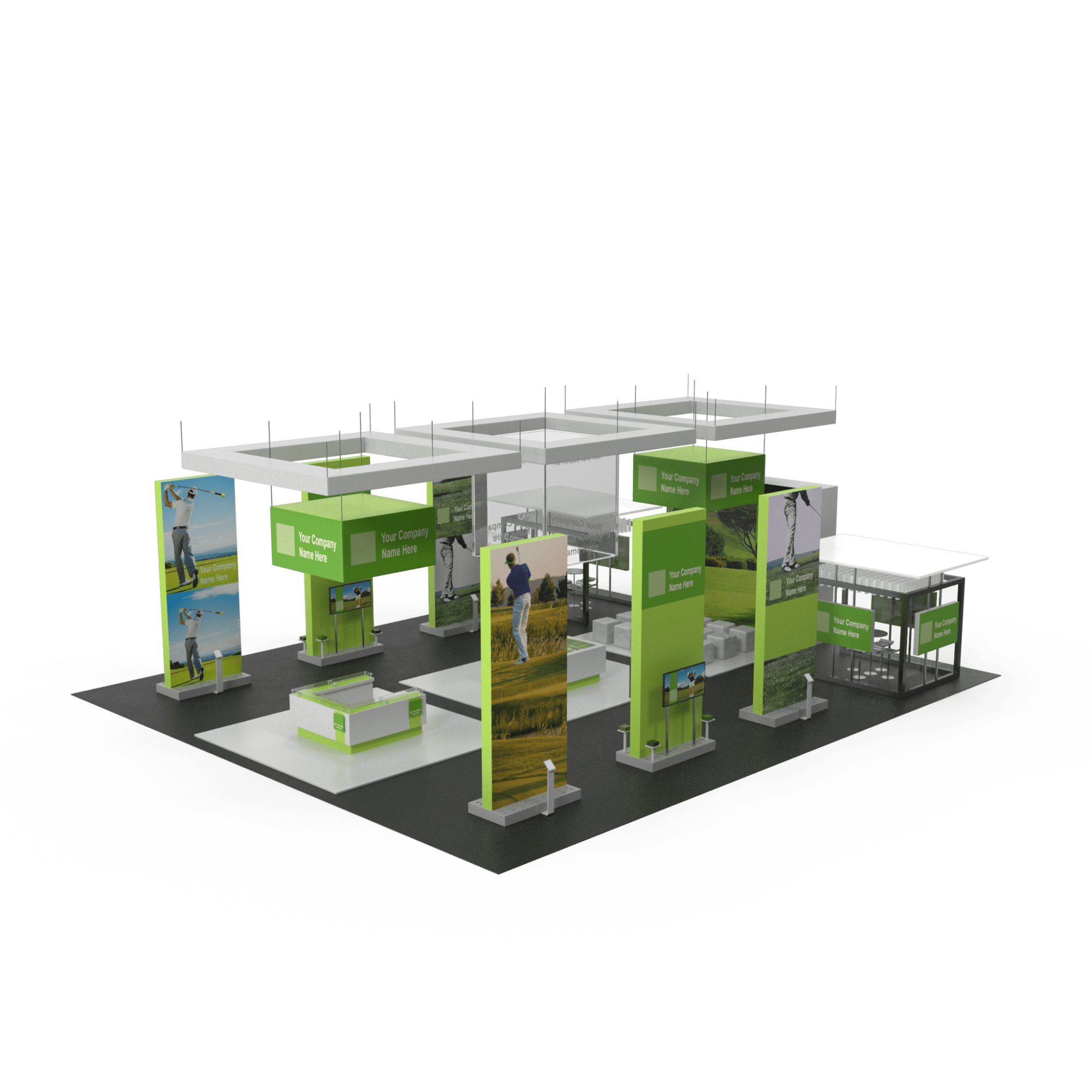 A modular trade show booth with customizable panels, LED lighting, and branded graphics, designed for a professional event setup.