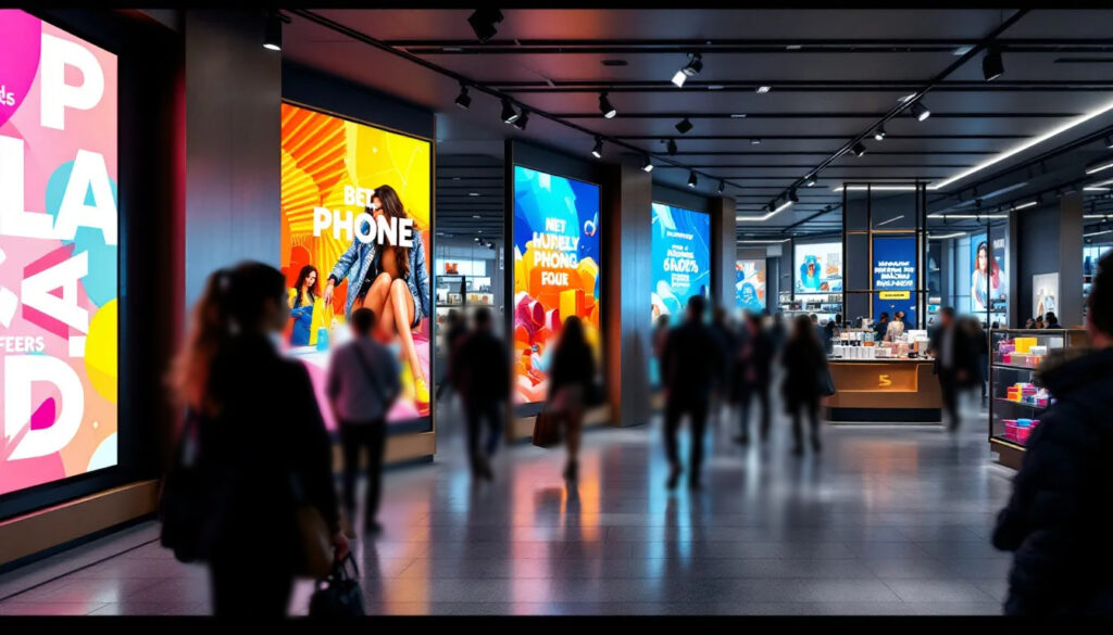 Vibrant In-Store Digital Advertising Displays in a Busy Retail Environment
