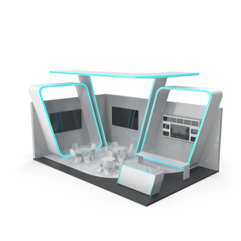 Sleek modular booth setup at a trade show, featuring customizable panels, branded graphics, and interactive digital displays.
