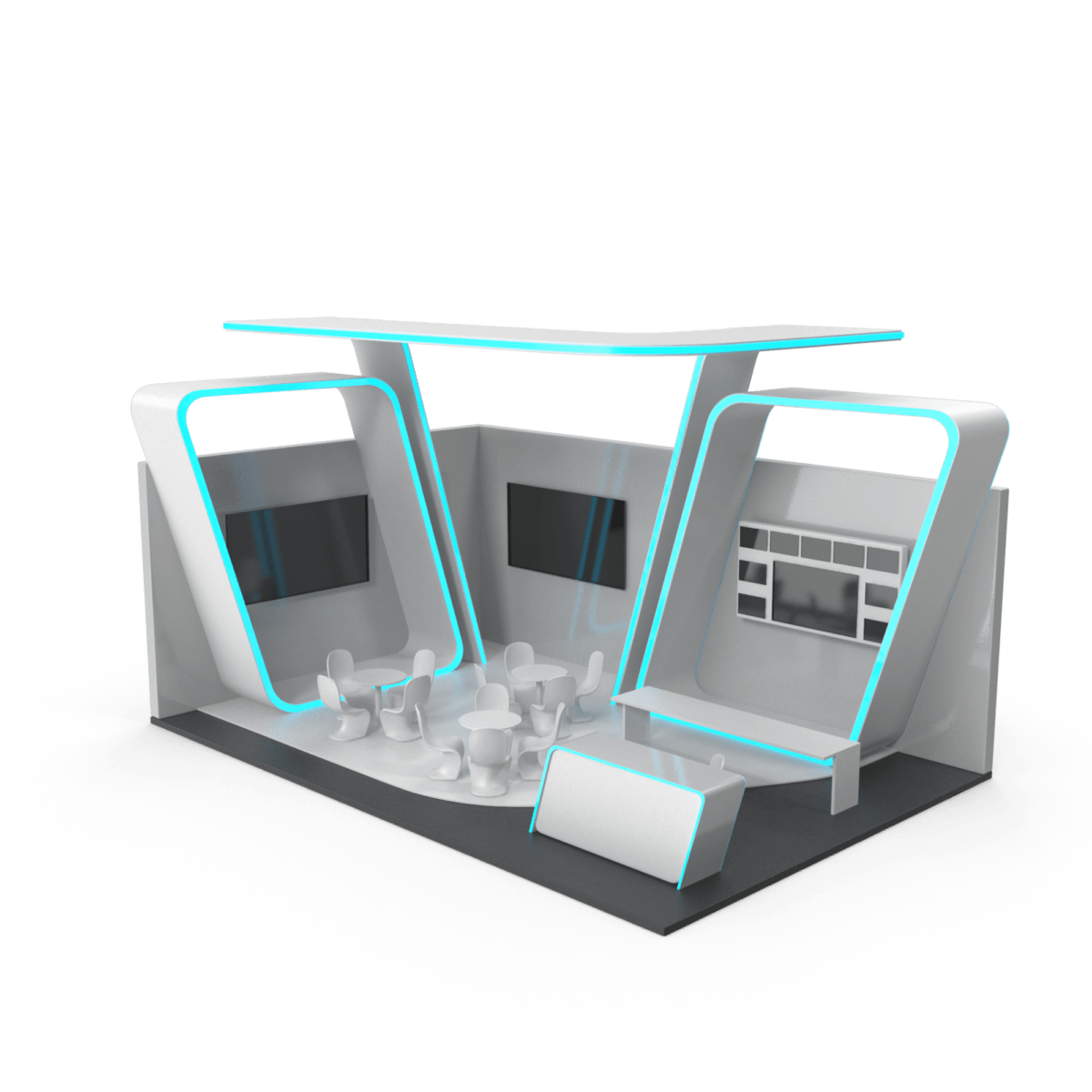 Sleek modular booth setup at a trade show, featuring customizable panels, branded graphics, and interactive digital displays.